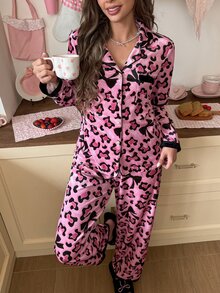 SweetSlumber Conjunto de Pijama com Estampa de Leopardo e Debrum Contrastante - Rosa chiclete - Visão 6