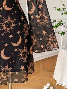 SHEIN EZwear 大尺碼太陽與月亮印花前綁帶網紗洋裝 秋季款 - 黑與白 - 查看 4
