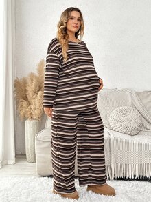 Plussiva Plus-Size Striped Print Drop-Shoulder T-Shirt And Pants Set (Autumn Style) – Casual Everyday Wear  Fall/Winter - Brown - View 3