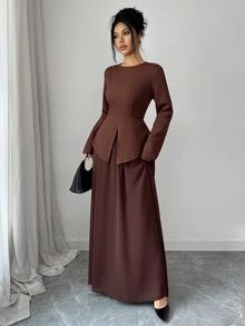 Elenzga Gaun Panjang Polos dengan Kelim Asimetris - Coklat - View 7