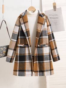 SHEIN Tween Girl 1pc Plaid Kids Pattern Lapel Collar Autumn Overcoat - Multicolor - View 1