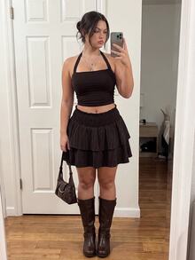 Comfortcana Plus Solid Elastic Waist Ruffle Hem Skirt Fall - Brown - View 3