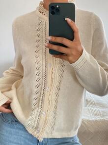 DAZY Pointelle Knit Button Front Cardigan Fall - Apricot - View 4