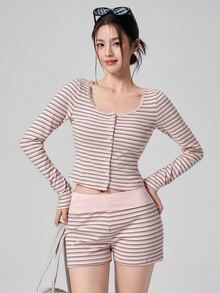 DAZY Striped Print Button Front Sports Set - Pink - View 6