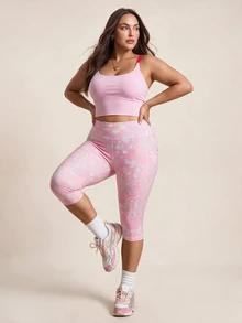 SHEIN Sports 大尺碼豹紋寬腰帶七分運動緊身褲 - 彩色 - 查看 6