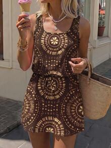 SHEIN LUNE 夏季度假全印花細肩帶洋裝 - 棕色 - 查看 4
