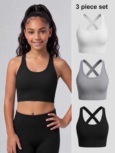 Tween Girls Sports Bra 3 Piece Set Comfy Ribbed Knit Solid Color Scoop Neck Cross Back Athletic Tank Tops Seamless Workout Activewear Crop Bra