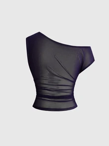 ROMWE Grunge Punk Plus Size Studded Skull Pattern Asymmetrical Neck Ruched Crop Tee - Purple - View 2