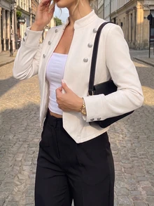 Selenza Button Detail Open Front Crop Jacket Office Off-White Autumn Elegant Smart Casual - White - View 1