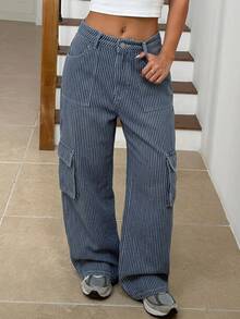 Livesso Striped Print Flap Pocket Side Cargo Jeans Fall - Blue and White - View 3