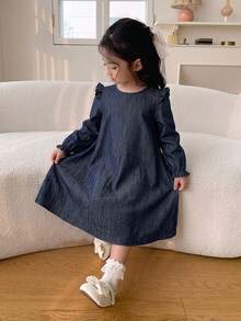 Dazy Kids Young Girl Ruffle Trim Flounce Sleeve Dress - Blue - View 3