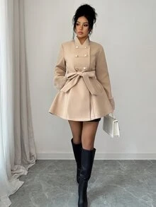 Elenzga Patchwork Faux‑Fur With Side Pockets  Belted Overcoat Office Beige Autumn Elegantrueu - Khaki - View 8