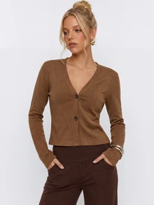 Avantive Button Front Crop Cardigan Office Business Shades Of Brown Autumn Casual,Versatile Everyday Jacket - Brown - View 5