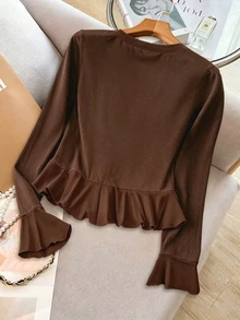 Selianne Flounce Sleeve Ruffle Hem Tee - Brown - View 2