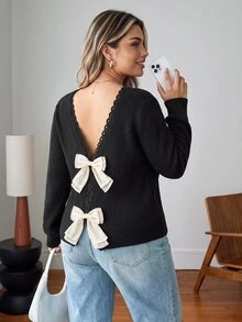 Vionelle Sweater Ukuran Besar untuk Makan Malam Formal, Kencan Malam, Malam Hari, Hitam Putih, Musim Gugur, Kasual, Peri, Peri, Imut, Musim Dingin - Hitam - View 6