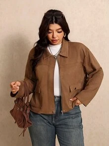 Elaquor Plus Size Suede Flap Pocket Zip Up Jacket Fall - Brown - View 7