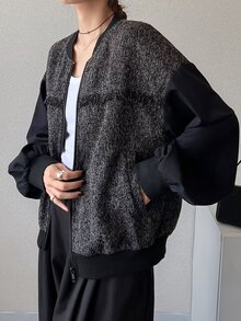 FRIFUL Gray Print Drop Shoulder Bomber Jacket Office Business Autumn Casual Elegant - Grey - View 5
