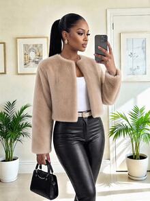 SHEIN Lady CURVE Plus Size Faux Fur Coats - Khaki - View 4
