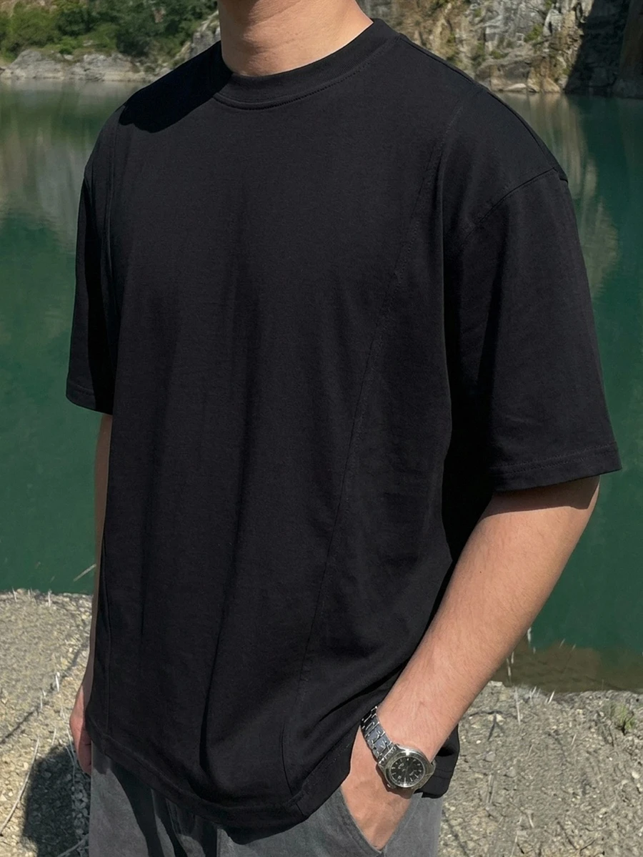 DAZY Camiseta de hombro caído de color sólido para hombres - Negro - Ver 1
