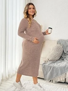 Plussiva Plus Size Maternity Split Thigh Ribbed Knit Dress - Brown - View 5