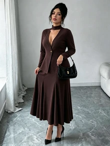 Elenzga Plus Choker Neck Single Button Top & Mermaid Hem Skirt Set - Brown - View 5