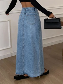 Livesso Split Thigh Denim Skirt Fall - Light Wash - View 2
