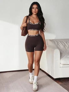 Slayform Slayform Set Olahraga 2 in 1 Bra Olahraga dan Celana Pendek Biker dengan Trim Cokelat Tua Kontras, Sporty Seksi untuk Gym Musim Gugur - MultiWarna - View 5