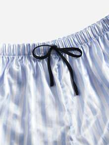 SHEIN Striped Print Contrast Binding Satin Cami Top & Shorts PJ Set - Blue and White - View 5
