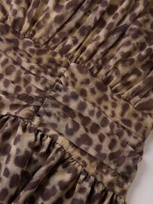 Lavishia Vestido con estampado de leopardo, mangas de farol y bajo con volantes - Caqui - Ver 3