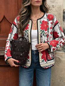 Flora Isola Flora Isola Floral Print Contrast Binding Open Front Coat - Red - View 4