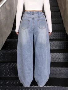 SHEIN 1 pieza de jeans de pierna ancha lavados para adolescentes - Lavado ligero - Ver 2