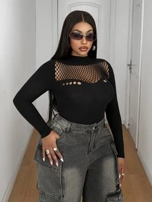 Maweii Plus Contrast Fishnet Mock Neck Top - Black - View 4
