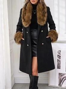 Lavishia Contrast Fuzzy Double Breasted Belted Overcoat - Multicolor - View 7