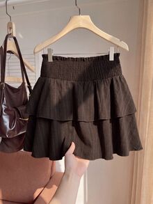 Comfortcana Plus Solid Elastic Waist Ruffle Hem Skirt Fall - Brown - View 6