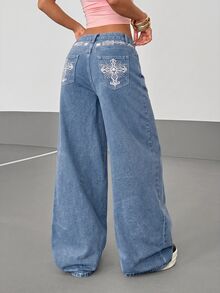 Jeanoix Plus Embroidery Cross Pattern Wide Leg Jeans - Blue - View 1