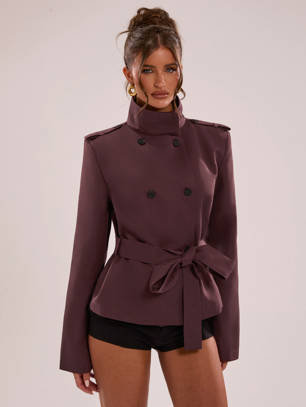 Silquee SHEIN BAE Deep Plum Purple Trench Coat With Wide Shoulder & Structured Stand Collar, Double Breasted Cropped Jacket With Belt, Elegant Professional For Office