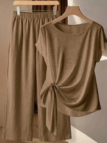 SHEIN Clasi 純色蝙蝠袖上衣與長褲套裝 - 駝色 - 查看 1