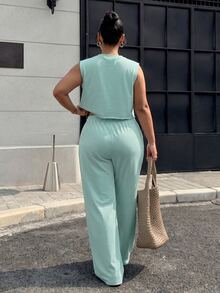 Muchica Plus Solid Tank Top & Wide Leg Pants - Olive Green - View 2