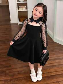 SHEIN Young Girl Contrast Dobby Kids Mesh Cut Out Front Dress - Black - View 3