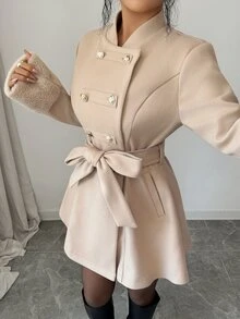 Elenzga Patchwork Faux‑Fur With Side Pockets  Belted Overcoat Office Beige Autumn Elegantrueu - Khaki - View 5