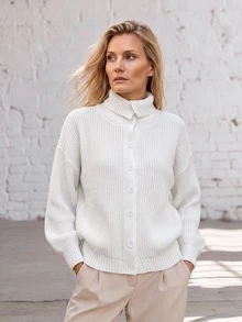 Faunlyn Cardigan Model Bahu Jatuh dengan Kancing Depan, Pakaian Musim Gugur untuk Wanita, Busana Musim Dingin untuk Wanita, Sweater Musim Gugur dan Musim Dingin untuk Wanita - Putih - View 4