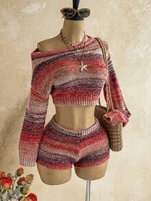 Soleia Space Dye Drop Shoulder Asymmetrical Shoulder Crop Sweater & Knit Shorts Set Without Chain Belt - Multicolor - View 4