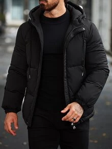 Manfinity Homme Men Zip Up Drawstring Hooded Padded Coat, Puffer - Black - View 7
