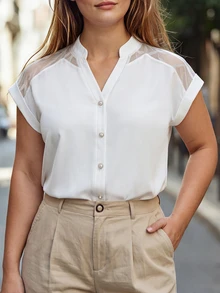 Velvienne Blusa de talla grande con botones delanteros y malla de contraste - Blanco - Ver 2