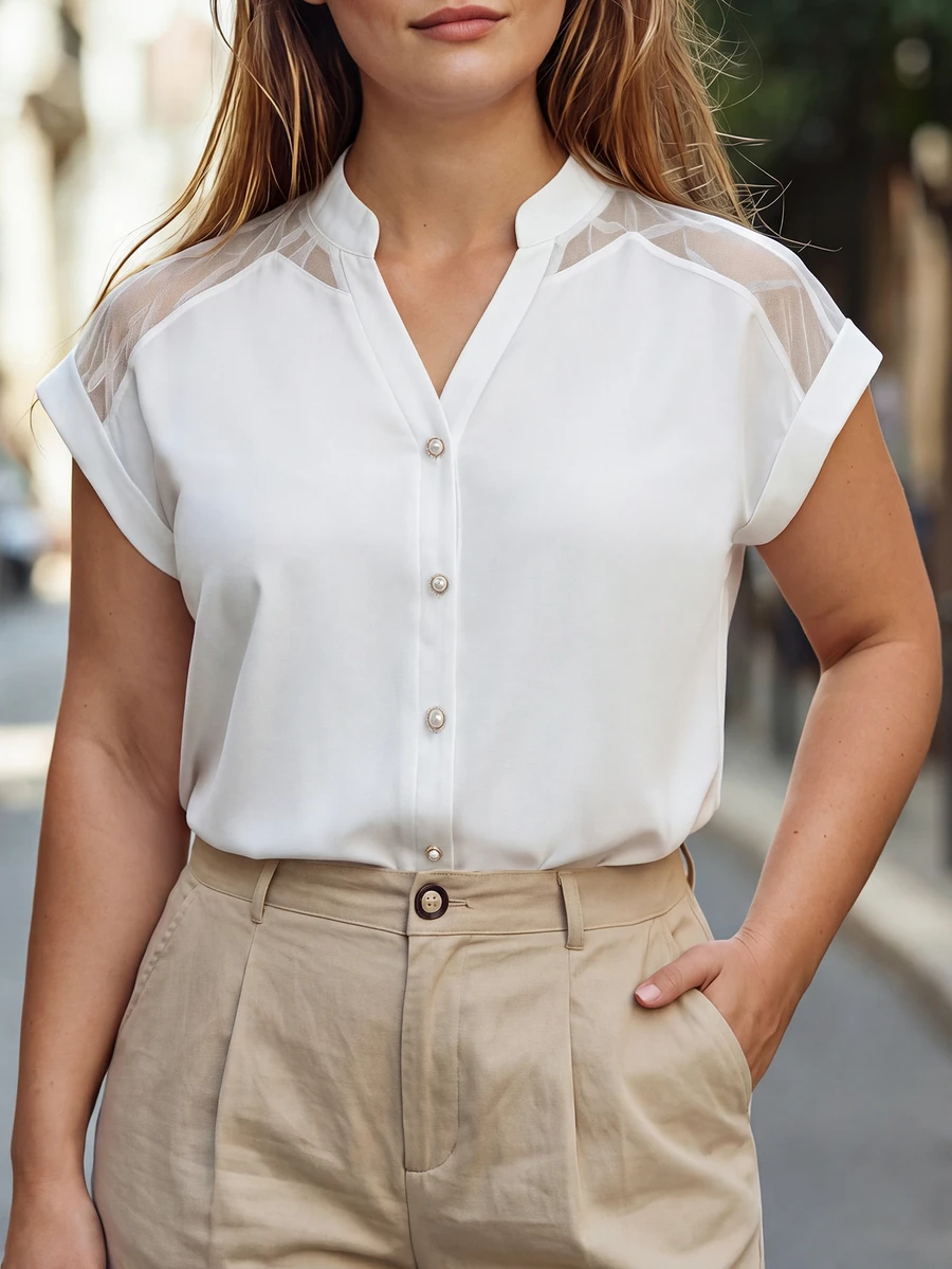 Velvienne Plus Contrast Mesh Button Front Blouse - White - View 1