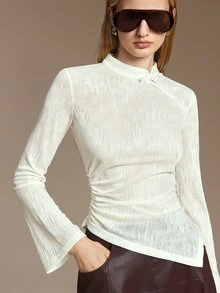 Ontre Mandarin Collar Solid Top - Apricot - View 4