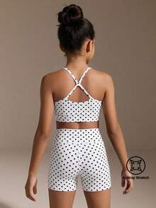 SHEIN 青少年女孩波點印花交叉背運動服套裝 - 白色 - 查看 1