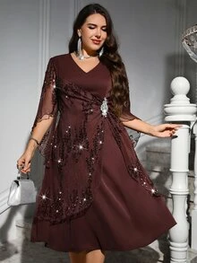 SHEIN Clasi Plus Contrast Sequin Mesh Overlay Dress - Brown - View 6