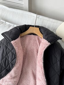 SHEIN 青少年女孩拉鍊式保暖內裡短版絎縫外套 - 黑色 - 查看 5