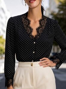 SHEIN Polka Dot Print Guipure Lace Trim Blouse - Black and White - View 3